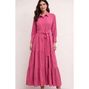 Kobi Halperin Lidia Belted Maxi Tiered Linen Blend Shirt Dress Pink Size XL